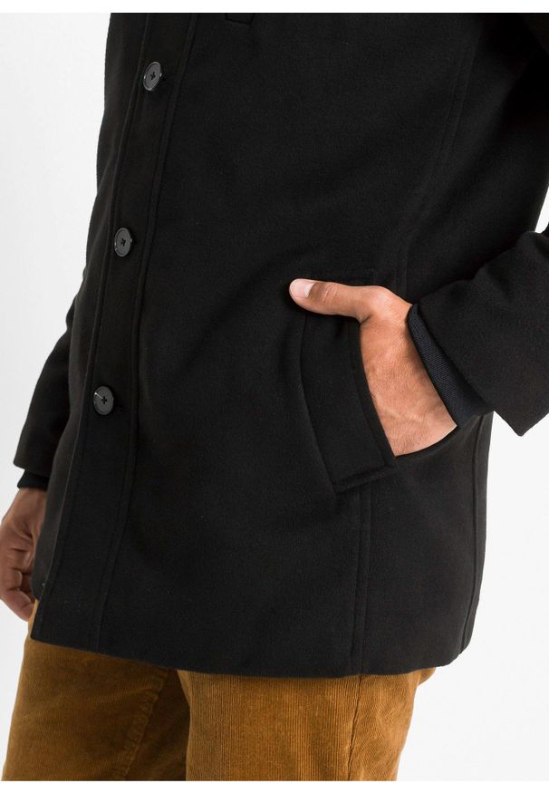 bonprix - Kurtka outdoorowa z materiału w optyce wełny. Kolor: czarny. Materiał: materiał, wełna. Długość: długie. Styl: sportowy
