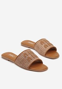 Renee - Brązowe Klapki z Ozdobną Plecionką i Aplikacją przy Cholewce Zarivelle. Kolor: brązowy. Wzór: aplikacja. Styl: boho, elegancki