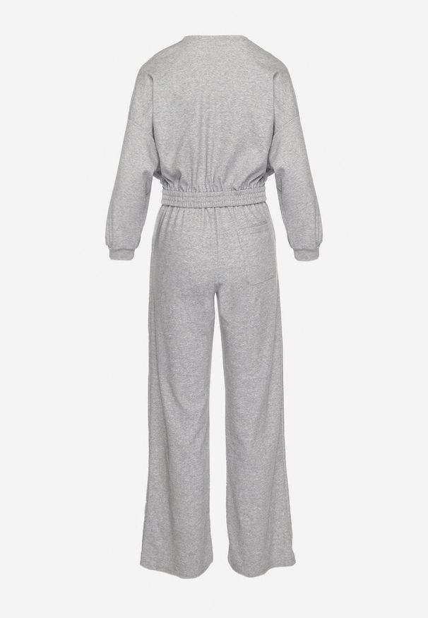 Renee - Szary Bawełniany Komplet Bluza Krótka ze Ściągaczem i Szerokie Spodnie ze Sznurkiem w Pasie Rionnea. Kolor: szary. Materiał: bawełna