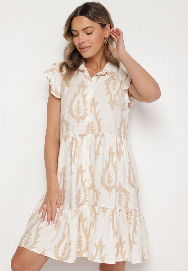 Born2be - Beżowa Rozkloszowana Sukienka o Koszulowym Kroju z Lnem i Wiskozą Folarane. Okazja: na co dzień, na spacer. Kolor: beżowy. Materiał: wiskoza, len. Wzór: aplikacja. Typ sukienki: koszulowe. Styl: elegancki, klasyczny, casual