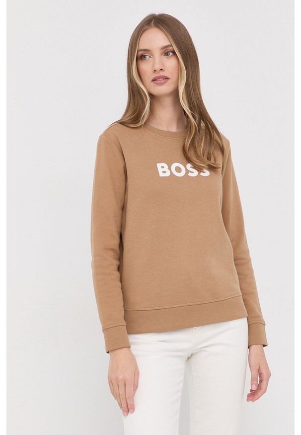 BOSS bluza bawełniana damska kolor beżowy z nadrukiem. Kolor: beżowy. Materiał: bawełna. Długość rękawa: długi rękaw. Długość: długie. Wzór: nadruk