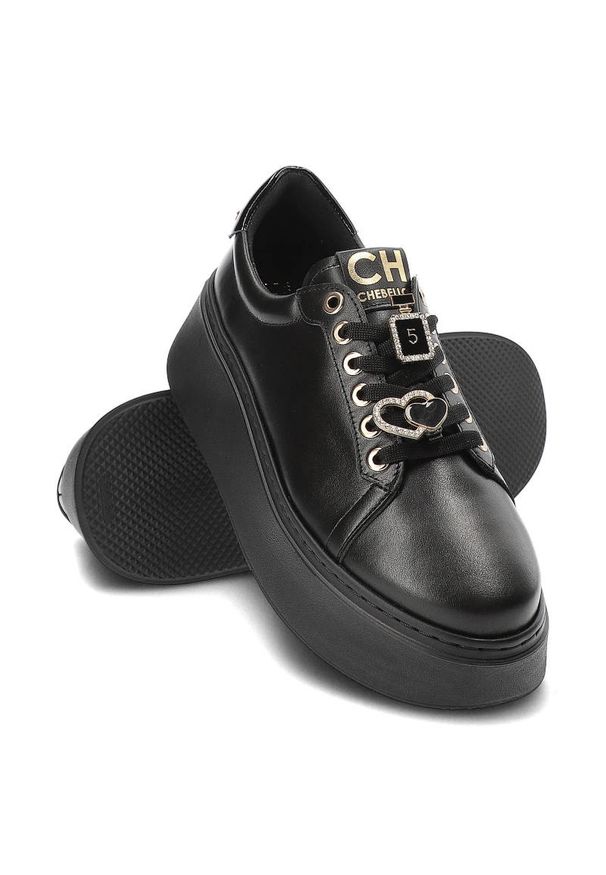 CheBello - Czarne Sneakersy Chebello Damskie Stylowe Obuwie. Kolor: czarny. Materiał: skóra. Szerokość cholewki: normalna. Obcas: na obcasie. Wysokość obcasa: średni