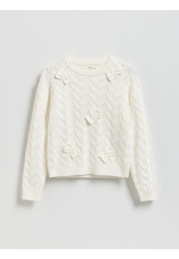 Reserved - Dzianinowy sweter z kokardami - złamana biel. Typ kołnierza: kokarda. Materiał: dzianina