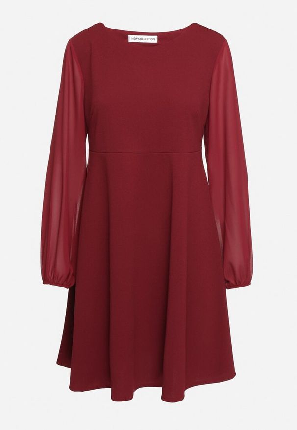 Born2be - Bordowa Sukienka o Rozkloszowanym Kroju z Półtransparentnymi Rękawami Edalinne. Okazja: do pracy, na co dzień. Kolor: czerwony. Materiał: skóra. Typ sukienki: proste. Styl: elegancki, casual