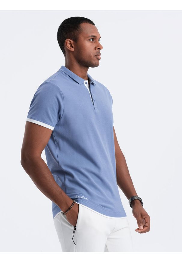 Ombre Clothing - Męska bawełniana koszulka polo z kontrastowymi wykończeniami – niebieska V3. Typ kołnierza: polo. Kolor: niebieski. Materiał: bawełna. Wzór: haft