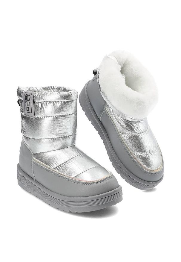Big-Star - Śniegowce damskie Big Star, cholewka z metalizowanego materiału z regulacją u góry i ociepleniem gruba jednolita podeszwa, szare, KK374218. Kolor: szary. Materiał: futro, materiał, syntetyk, skóra ekologiczna. Szerokość cholewki: normalna. Wzór: jednolity, aplikacja