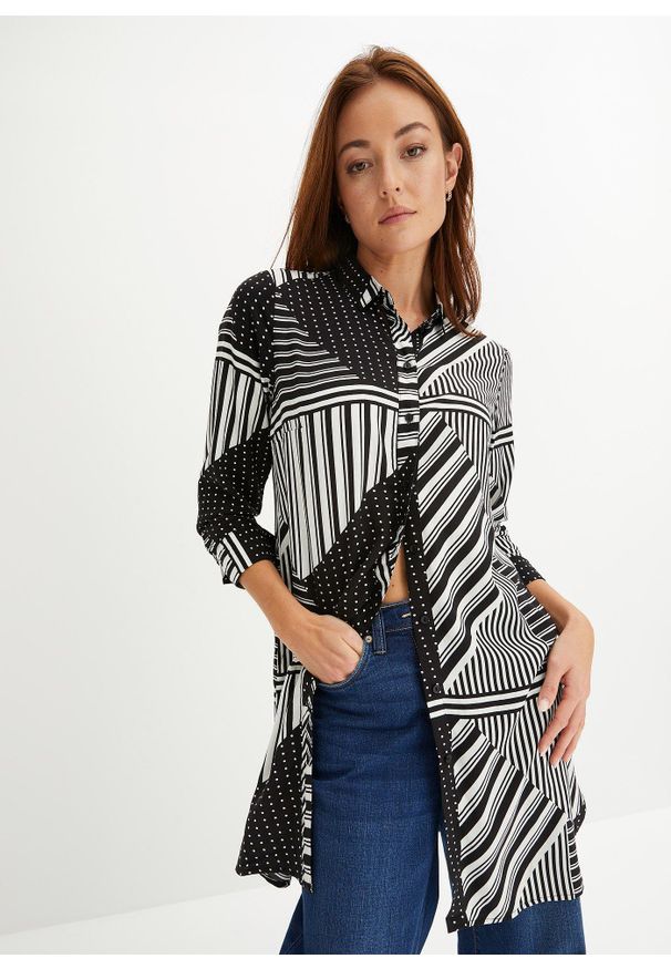 bonprix - Długa bluzka. Kolor: czarny. Długość: długie. Wzór: nadruk. Styl: elegancki