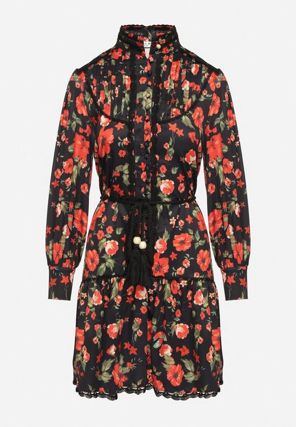 Born2be - Czarna Koszulowa Sukienka ze Stójką i Falbanką Madalyn. Typ kołnierza: kołnierzyk stójkowy. Kolor: czarny. Materiał: koronka. Typ sukienki: koszulowe