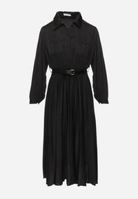 Born2be - Czarna Plisowana Sukienka Midi z Paskiem z Kołnierzykiem i Kieszeniami Themirlla. Kolor: czarny. Wzór: aplikacja. Długość: midi #2