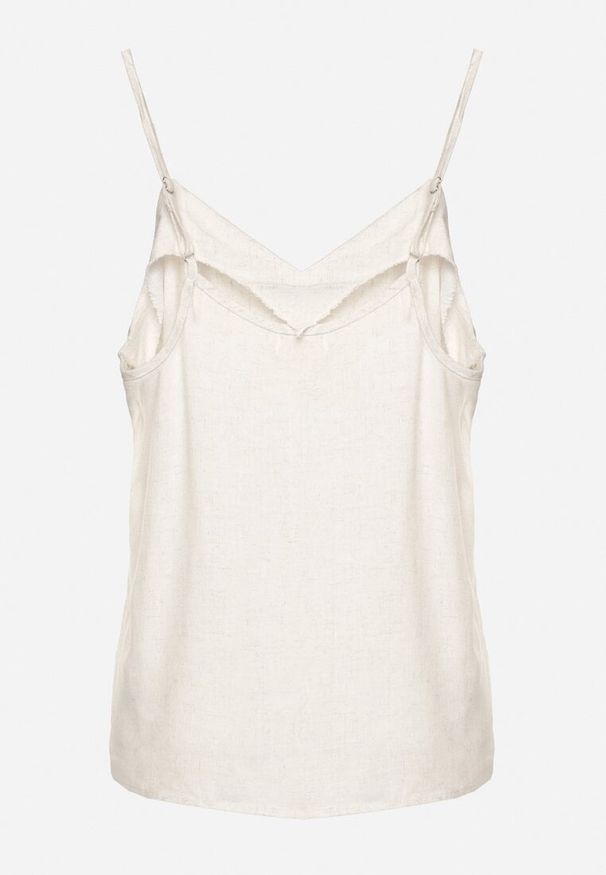 Born2be - Beżowy Top z Lnu i Wiskozy na Ramiączkach Zdobiony Haftem Zilirae. Okazja: na co dzień. Typ kołnierza: dekolt w kształcie V. Kolor: beżowy. Materiał: wiskoza, len. Długość rękawa: na ramiączkach. Wzór: aplikacja, haft. Styl: elegancki, casual