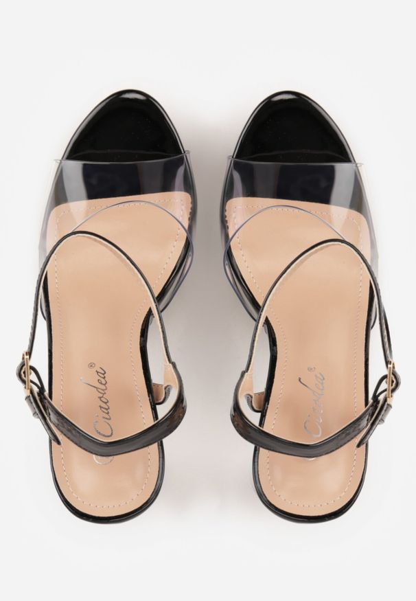 Born2be - Czarne Sandały Lakierowane na Szpilce i Platformie z Transparentną Cholewką Daphine. Zapięcie: sprzączka. Kolor: czarny. Materiał: lakier. Obcas: na platformie. Styl: wizytowy, klasyczny, elegancki