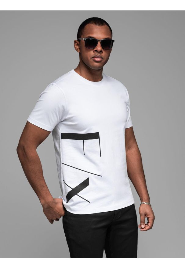 Ombre Clothing - Koszulka męska z bawełnianego jerseyu z dużym bocznym napisem – biała V2 - Rozmiar: L. Okazja: na co dzień. Kolor: biały. Materiał: jersey, bawełna. Wzór: napisy. Styl: casual, klasyczny, sportowy