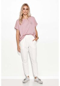 Makadamia - Oversizowa Bluzka Bawełniana z Aplikacją - Różowa. Kolor: różowy. Materiał: bawełna. Wzór: aplikacja #1