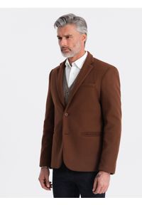 Ombre Clothing - Marynarka męska casual z ozdobnymi guzikami na mankietach - czekoladowy brąz V1 - Rozmiar: M. Okazja: na co dzień. Kolor: brązowy. Materiał: poliester. Styl: casual
