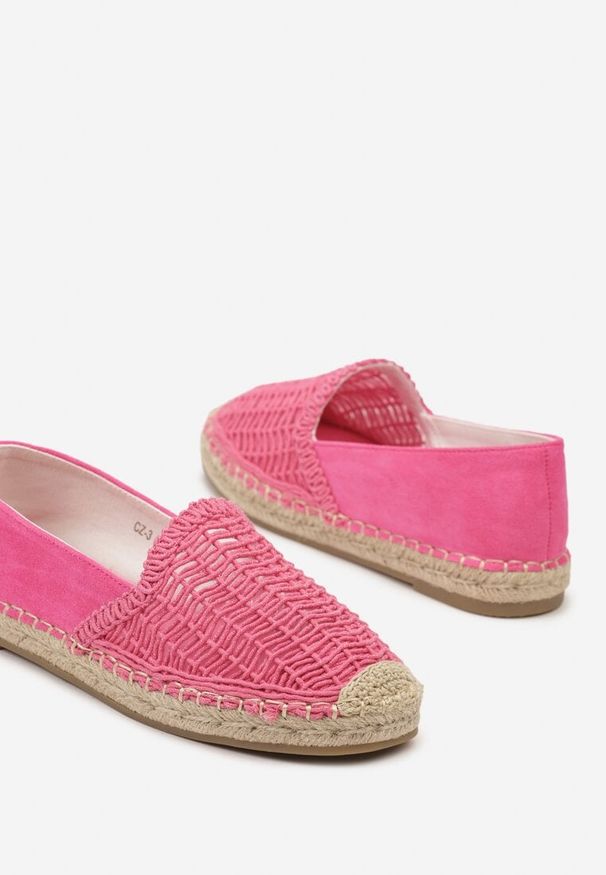 Renee - Fuksjowe Płaskie Espadryle z Ekozamszu Ozdobione Jutą Lemiala. Okazja: na co dzień. Kolor: różowy. Materiał: len, jeans. Wzór: aplikacja. Sezon: lato. Obcas: na obcasie. Styl: klasyczny, casual. Wysokość obcasa: niski