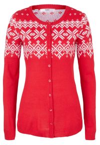 Sweter rozpinany z szerokimi rękawami, w norweski wzór bonprix czerwono-biały. Kolor: czerwony. Materiał: materiał, akryl #1