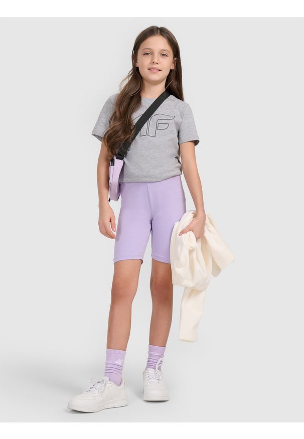 4f - 4F T-shirt oversize z nadrukiem dziewczęcy - szary 140 (9-10 lat). Okazja: na co dzień. Kolor: szary. Materiał: dzianina, jersey, bawełna. Wzór: nadruk. Sezon: lato. Styl: casual, klasyczny, sportowy
