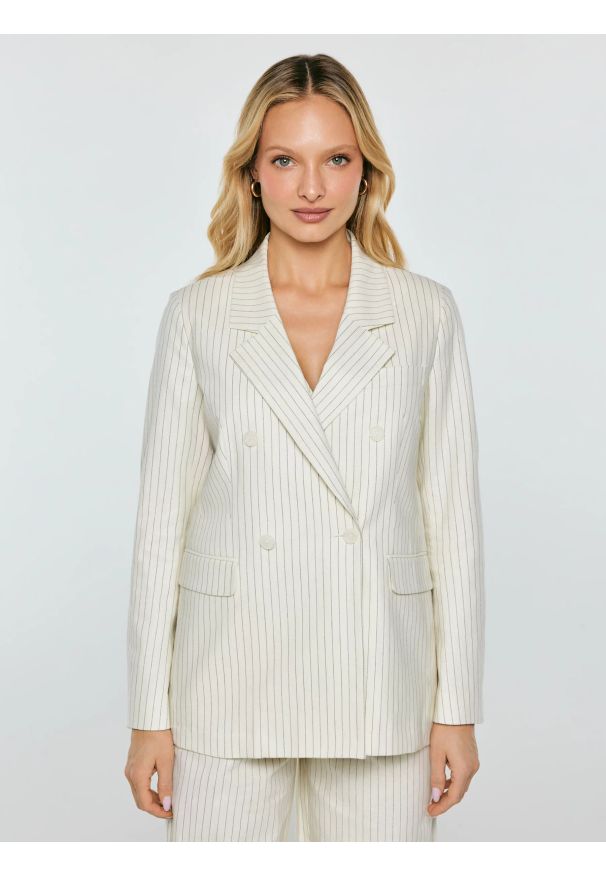 Big-Star - Marynarka damska lniana w prążek kremowa Kinnia 102. Kolor: kremowy. Materiał: len. Wzór: prążki