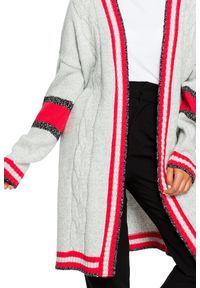 Polskie swetry - Sweter kardigan z warkoczem i kontrastowymi lampasami. Materiał: materiał, akryl. Długość: długie. Styl: elegancki, sportowy #5