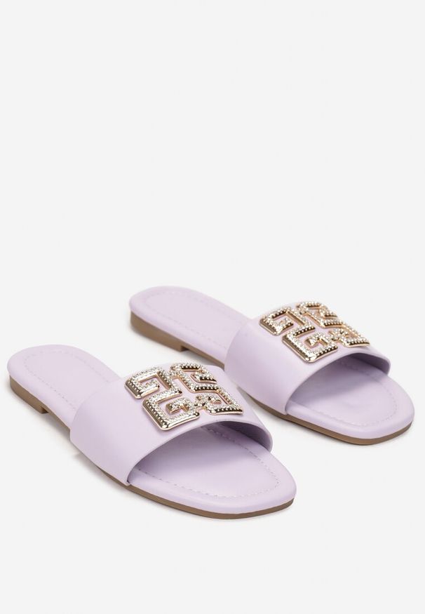 Born2be - Fioletowe Klapki z Kwadratowym Noskiem i Metalową Ozdobą Arilline. Kolor: fioletowy. Wzór: aplikacja. Styl: elegancki