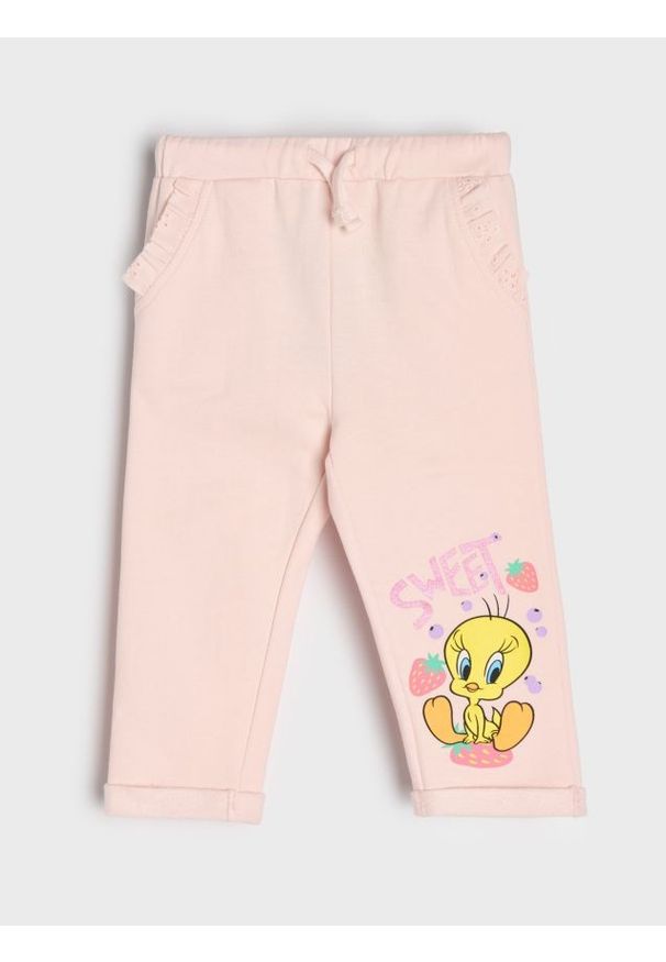 Sinsay - Bawełniane spodnie z falbankami Looney Tunes - różowy. Kolor: różowy. Materiał: bawełna
