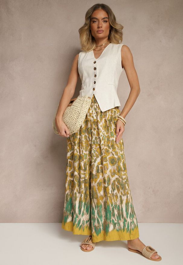 Renee - Beżowo-Żółte Szerokie Spodnie z Wiskozy High Waist Ellirelle. Okazja: na co dzień. Stan: podwyższony. Kolor: beżowy. Materiał: wiskoza. Styl: elegancki, casual