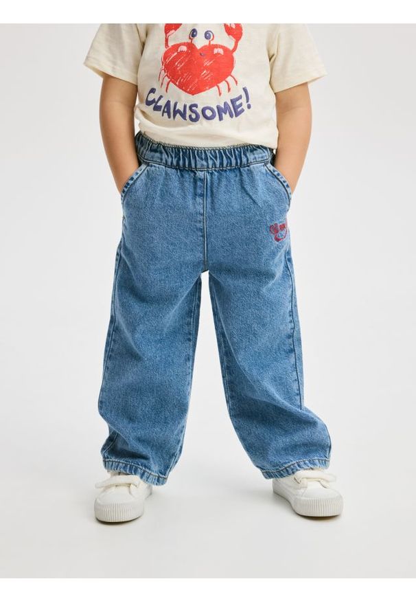 Reserved - Jeansy wide leg z haftem - niebieski. Kolor: niebieski. Materiał: jeans. Wzór: haft