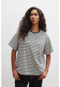 Marsala - Klasyczny Tshirt w paski BEŻOWO GRAFITOWE - DUAL-S/M. Kolor: wielokolorowy, szary, beżowy. Materiał: dzianina, bawełna, poliester. Wzór: paski. Styl: klasyczny #1