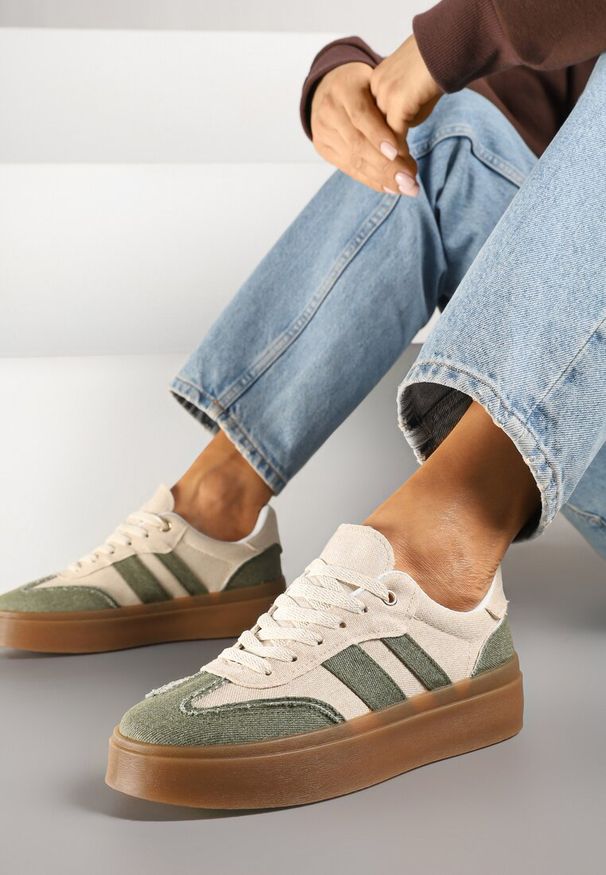 Born2be - Zielono-Beżowe Sneakersy na Kauczukowej Podeszwie Ardislo. Okazja: na co dzień. Kolor: zielony. Materiał: kauczuk