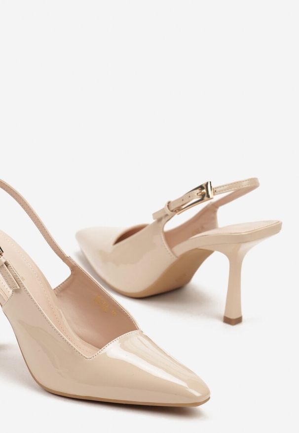 Renee - Beżowe Eleganckie Lakierowane Sandały na Obcasie Elizara. Zapięcie: sprzączka. Kolor: beżowy. Materiał: lakier. Obcas: na obcasie. Styl: elegancki. Wysokość obcasa: średni
