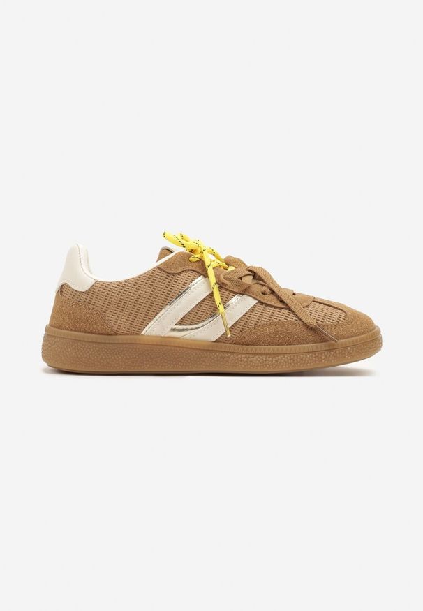 Renee - Brązowe Sneakersy z Geometrycznymi Paskami i Podwójnym Wiązaniem Florlevi. Okazja: na co dzień. Zapięcie: pasek. Kolor: brązowy. Wzór: geometria