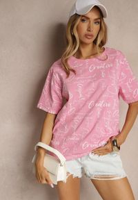 Renee - Różowy Bawełniany T-shirt o Kroju Oversize z Ozdobnym Nadrukiem Aveneli. Okazja: na co dzień. Kolor: różowy. Materiał: bawełna. Wzór: nadruk. Styl: elegancki, casual #3
