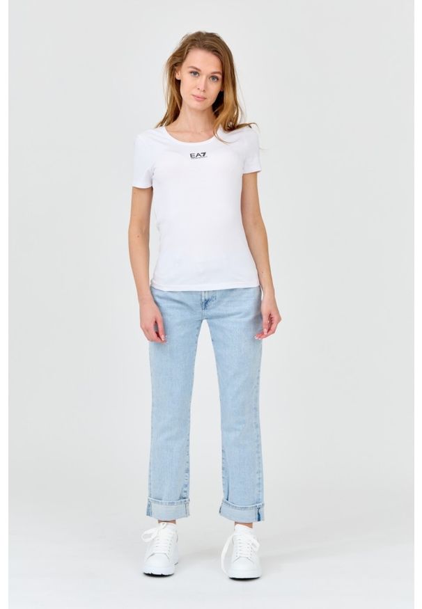 EA7 Emporio Armani - EA7 Damski t-shirt biały z logo na środku, Rozmiar XS. Kolor: biały. Materiał: bawełna