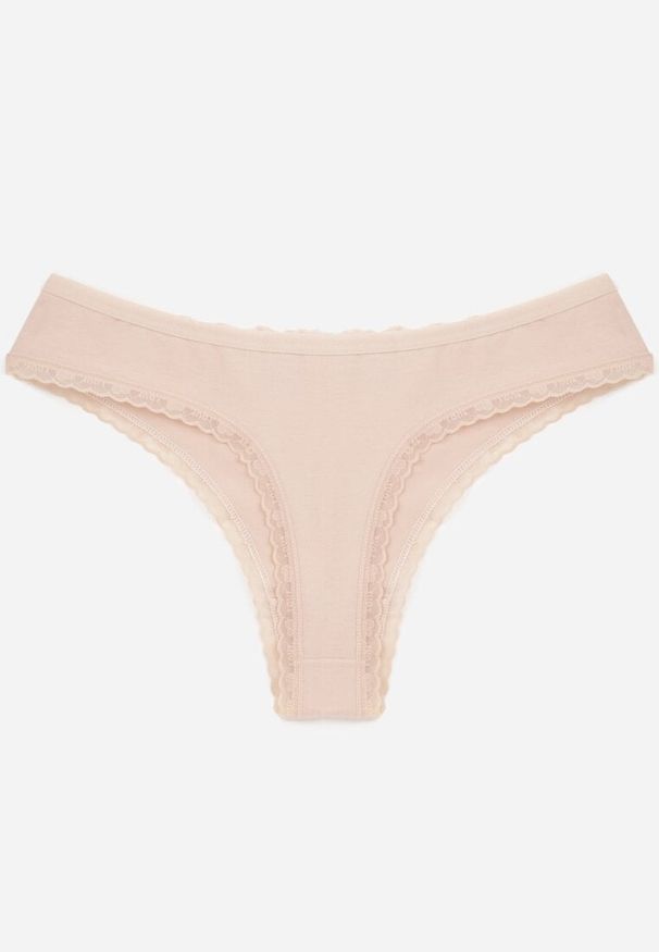 Born2be - Beżowe Majtki z Bawełną Typu Stringi Ozdobione Koronką Cirilise. Kolor: beżowy. Materiał: bawełna, koronka. Wzór: aplikacja, koronka