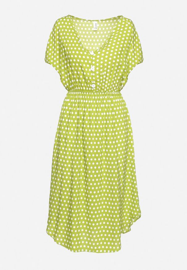 Born2be - Jasnozielona Bawełniana Sukienka z Gumką w Pasie i Falbanką Romilla. Kolor: zielony. Materiał: bawełna. Sezon: lato. Styl: wizytowy