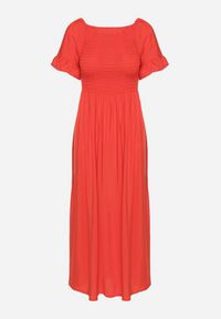 Born2be - Czerwona Bawełniana Sukienka o Kroju Hiszpanki z Elastyczną Górą Niloviria. Okazja: na co dzień. Typ kołnierza: dekolt hiszpanka. Kolor: czerwony. Materiał: bawełna. Długość rękawa: krótki rękaw. Styl: casual, klasyczny #7