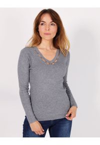 Unisono - SWETER Z APLIKACJĄ 18606-1 GRIGIO. Materiał: nylon, poliester, wiskoza. Wzór: aplikacja