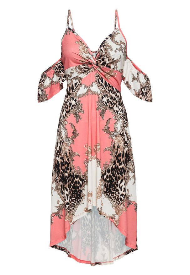 Sukienka letnia z dłuższym tyłem bonprix jasnoróżowo-biały w cętki leoparda. Kolor: różowy. Sezon: lato