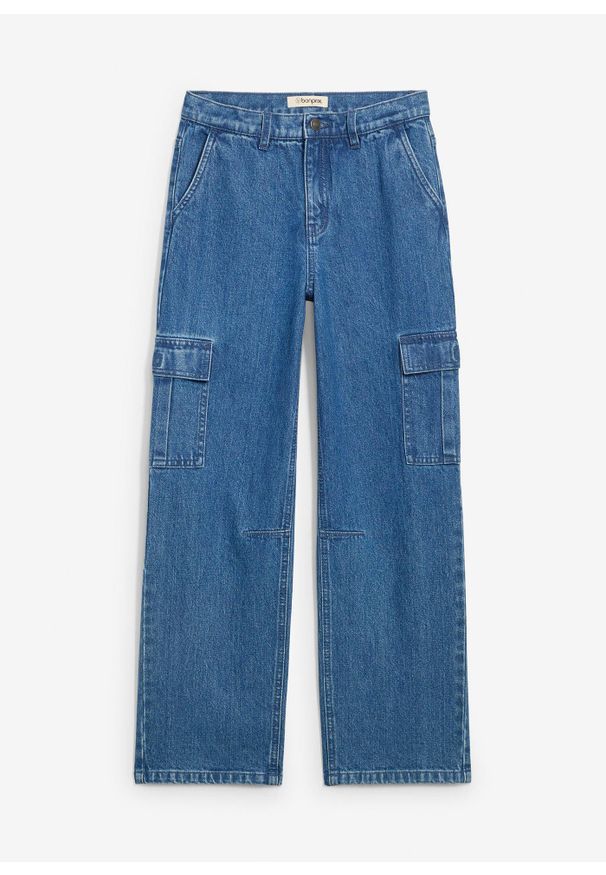 bonprix - Dżinsy typu cargo w fasonie loose fit z regulowanym pasem, prosta nogawka. Kolor: niebieski