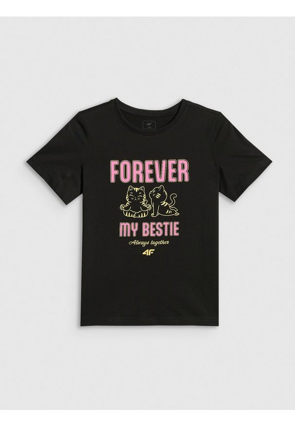 4f - 4F T-shirt regular z nadrukiem dziewczęcy - czarny 140 (9-10 lat). Okazja: na co dzień. Kolor: czarny. Materiał: materiał, bawełna, dzianina. Wzór: nadruk. Sezon: lato. Styl: casual