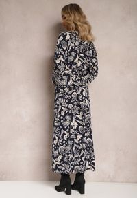 Renee - Granatowa Maxi Sukienka w Modny Print o Rozkloszowanym Kroju z Gumką w Talii Sindis. Kolor: niebieski. Wzór: nadruk. Długość: maxi #4