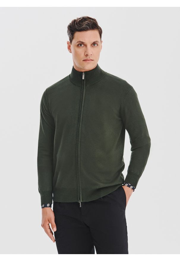 Pako Lorente - PAKO LORENTE - Zielony rozpinany sweter męski. Okazja: na co dzień. Kolor: szary, zielony. Materiał: poliamid, wiskoza. Wzór: gładki. Sezon: jesień. Styl: casual
