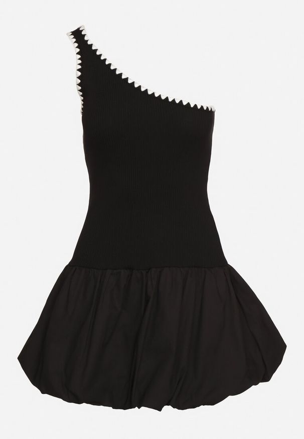 Born2be - Czarna Asymetryczna Sukienka o Kroju Bombki z Kontrastującą Lamówką Amoiane. Okazja: na co dzień. Kolor: czarny. Materiał: poliester. Typ sukienki: bombki, asymetryczne. Styl: elegancki, casual