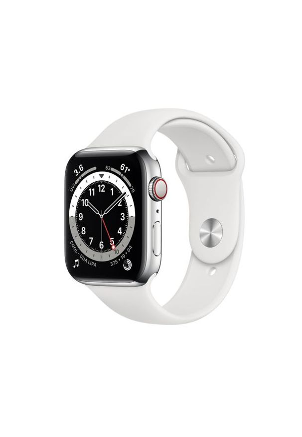 APPLE Watch Series 6 GPS + Cellular, 44mm Silver Stainless Steel Case with White Sport Band - Regular. Styl: sportowy