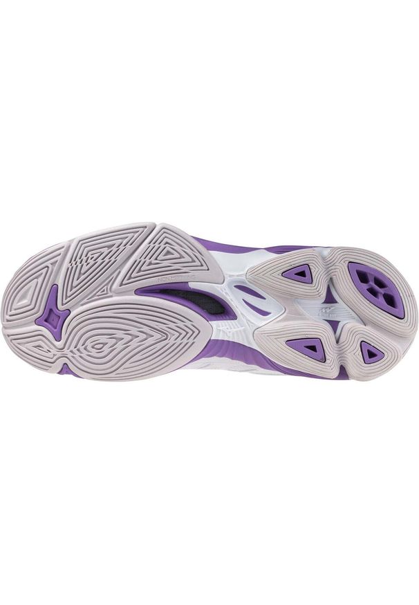 Buty halowe Mizuno Wave Voltage Wos. Kolor: fioletowy, wielokolorowy, biały. Materiał: skóra, syntetyk. Model: Mizuno Wave. Sport: bieganie