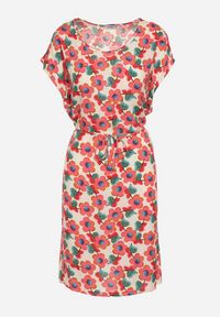 Born2be - Beżowo-Czerwona Pudełkowa Sukienka z Wiskozy Wiązana Sznurkiem w Talii Tiamadine. Okazja: na randkę, na co dzień, na spotkanie biznesowe. Kolor: beżowy. Materiał: wiskoza. Długość rękawa: krótki rękaw. Wzór: kwiaty. Styl: casual, klasyczny, biznesowy #5