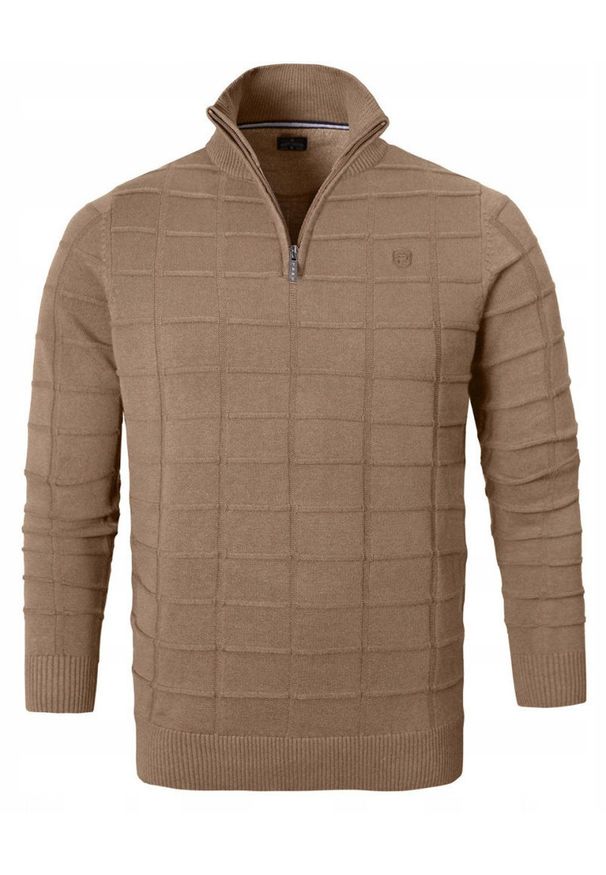 Elegancki Sweter Męski (Zamek) - Pako Jeans - Wysoki Dekolt, Kawa z Mlekiem. Kolor: brązowy, wielokolorowy, beżowy. Materiał: bawełna. Styl: elegancki