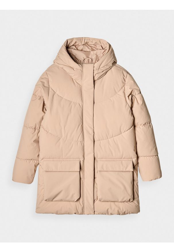 4f - 4F Kurtka puchowa z syntetycznym wypełnieniem damska - beżowa XXL. Okazja: na co dzień. Typ kołnierza: kaptur. Kolor: beżowy. Materiał: syntetyk, puch. Długość: długie. Wzór: gładki. Sezon: zima. Styl: klasyczny, casual, sportowy