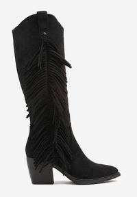 Renee - Czarne Kozaki Kowbojki na Stożku Zdobione Frędzlami Nucca. Kolor: czarny. Materiał: zamsz. Wzór: aplikacja. Obcas: na stożku. Styl: boho. Wysokość obcasa: średni
