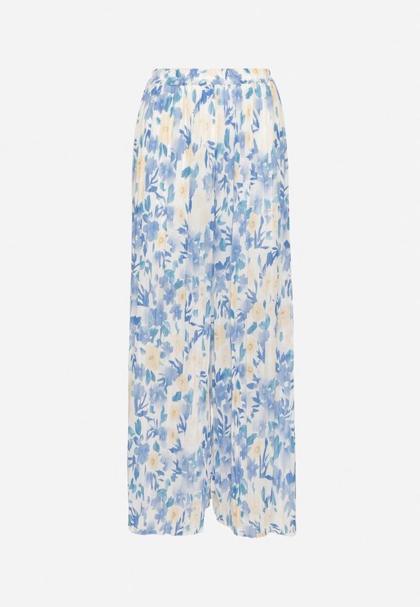 Born2be - Niebieskie Plisowane Spodnie z Wysokim Stanem w Kwiatowy Wzór Folisea. Okazja: na co dzień, na spotkanie biznesowe. Stan: podwyższony. Kolor: niebieski. Wzór: kwiaty. Styl: biznesowy, klasyczny, casual, elegancki